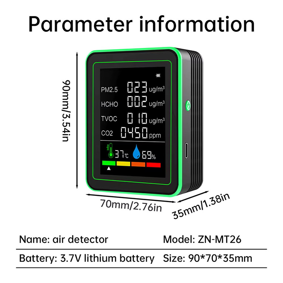 Voktta 6-in-1 Luftqualitätsmonitor in Schwarz zur Messung von CO2, Formaldehyd, TVOC, PM2,5, Temperatur und Luftfeuchtigkeit - Bild 5