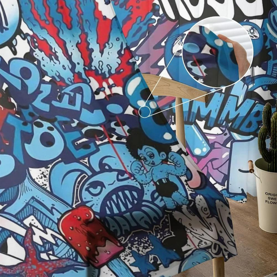 Yiran Furniture Transparente Punk Graffiti Vorhänge aus Tüll und Organza in Blau, Breite: 135 cm, Höhe: 115 cm - Bild 2
