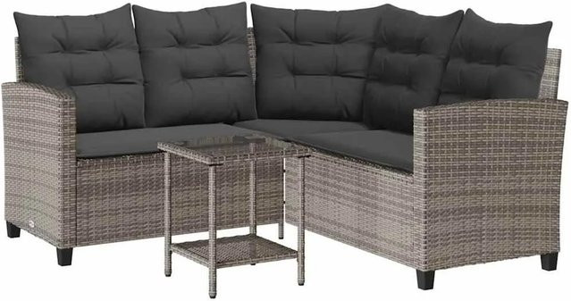vidaXL Gartensofa in L-Form mit Couchtisch und Sitzkissen aus grauem PE-Rattan und pulverbeschichtetem Stahl - Bild 1