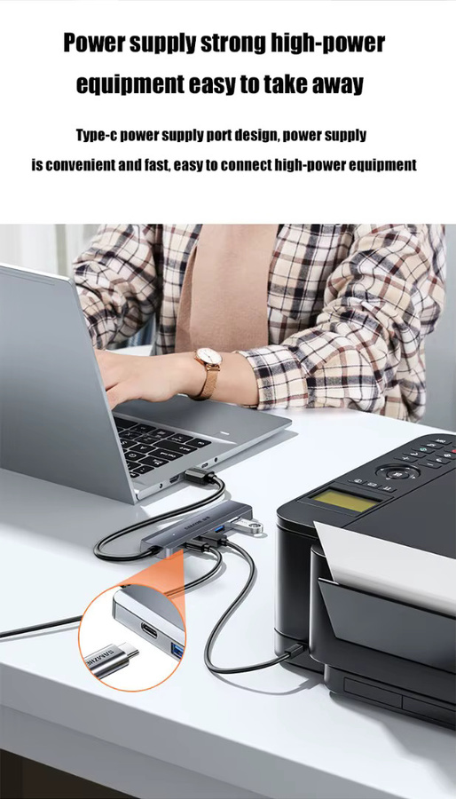 SAMZHE Ultraflacher 4-Port USB 3.0 Hub mit USB-C Anschluss, Hochgeschwindigkeits-USB-Hub Splitter Adapter in Grau für Laptop, PC und Smartphone - Bild 2