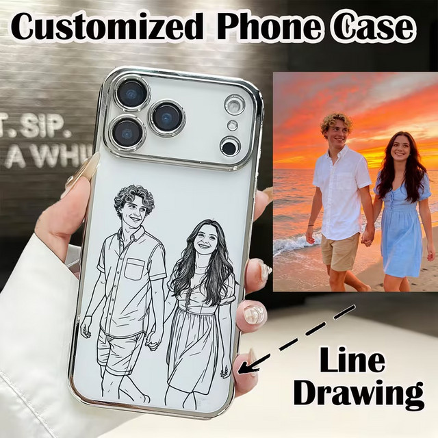 Personalisierte iPhone Hülle mit individueller Foto-Skizze aus transparentem TPU in Silber - Bild 1