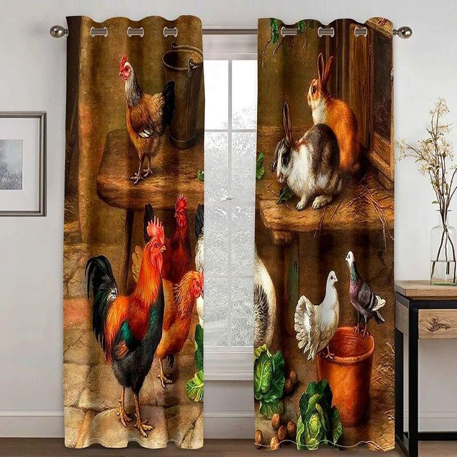 A Family Of Home Textiles Bauernhaus Huhn Fenstervorhänge mit Rod Pocket, Mehrfarbig, B: 50 cm, H: 130 cm, 2 Stück - Bild 1