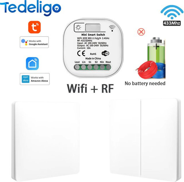 Tuya Smart Wifi Lichtschalter Weiß – Selbstversorgender WLAN Wandschalter ohne Batterie mit 433MHz Controller, 220V 16A, kompatibel mit Alexa - Bild 1