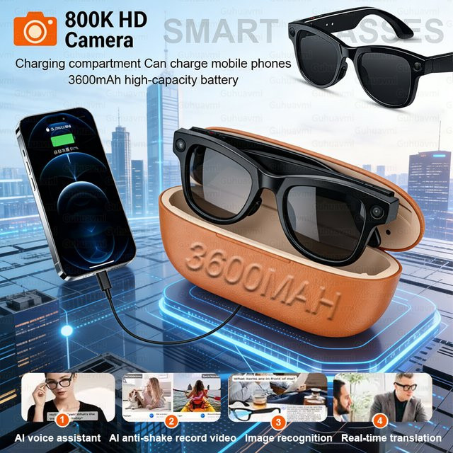 GUHUAVMI Smart-Brille mit 8MP HD-Kamera, 3600mAh Akku, KI-Fotoerkennung, Übersetzungs- und Sprachfunktion für Herren in Schwarz oder Blau - Bild 1