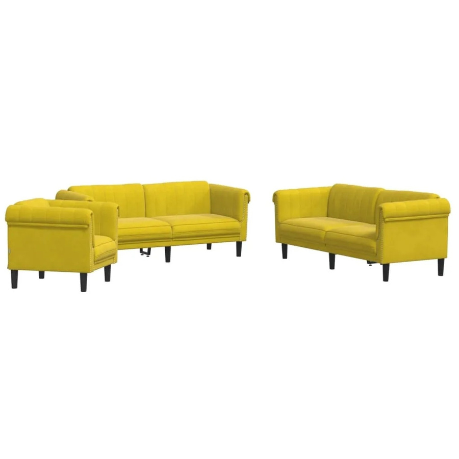 vidaXL 3-teilige Sofagarnitur aus Samt in Gelb mit 3-Sitzer, 2-Sitzer und Sessel mit Massivholzrahmen und Armlehnen - Bild 2
