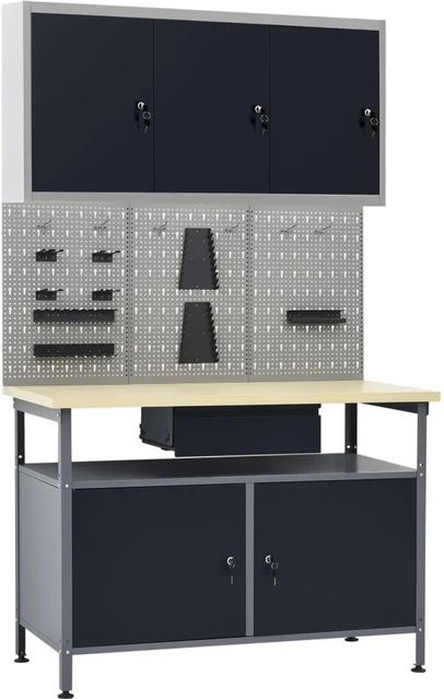 vidaXL Werkbank mit 3 Werkzeugwänden und 1 Wandschrank in Schwarz-Grau, höhenverstellbar, B: 120 cm, T: 60 cm, H: 85 cm - Bild 1