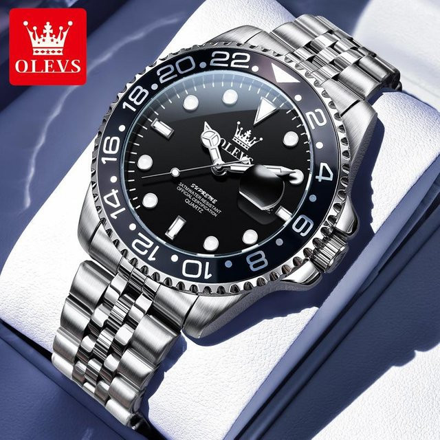 OLEVS Armbanduhr, Quarz, Edelstahl, 41 mm, Schwarz, Silber, Herren - Bild 1