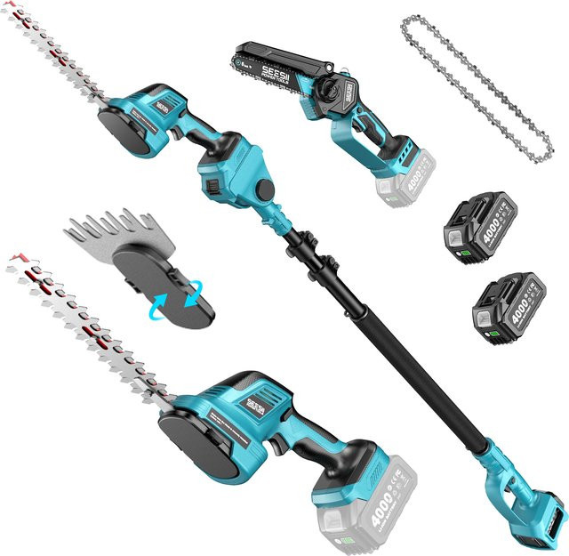 Seesii 6-in-1 Elektrische Heckenschere mit 2,4m Teleskopstange, Kettensäge und Strauchschere als Gartenwerkzeug für Makita 18V Akku - Bild 1
