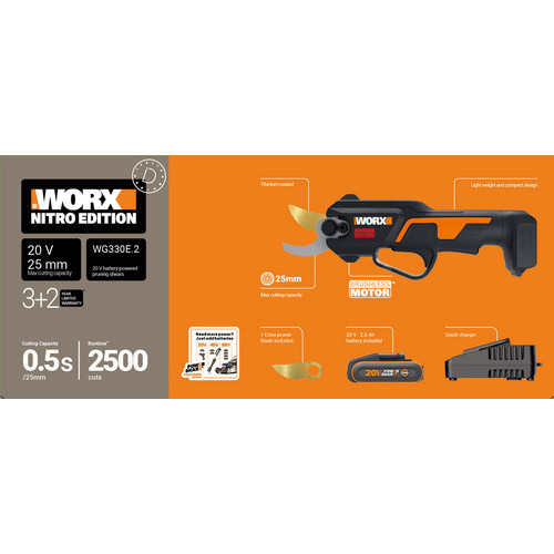 WORX Akku-Astschere WG330E.2 in Schwarz mit 20V, 25 mm Klingenöffnung und SK5-Titanium-beschichteten Stahlklingen - Bild 2