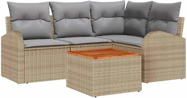 vidaXL Garten-Sofa-Set 5-teilig in Beige und Hellgrau mit L-Form, Polster-Gartenmöbel aus Polyrattan und pulverbeschichtetem Stahl mit Stauraumfunktion und Gartentisch - Bild 1