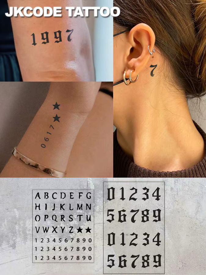 JKCODE TATTOO Temporäre Tattoos, Unisex, arabische Ziffern und englische Buchstaben - Bild 5