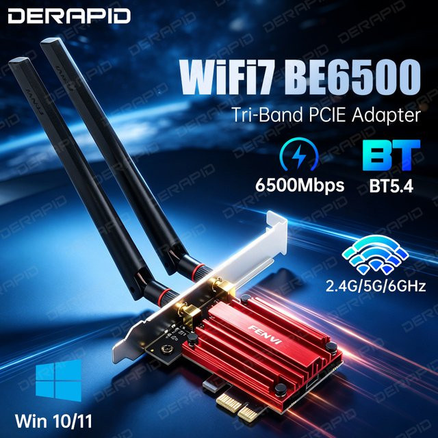 DERAPID WiFi 7 PCIe Netzwerkkarte mit Bluetooth 5.4, Tri-Band WLAN-Adapter 6500Mbps für 2,4G, 5G und 6GHz, kompatibel mit Windows 10/11 - Bild 1
