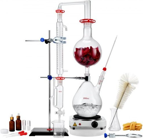 VEVOR Destillationsset für ätherische Öle aus Borosilikatglas mit 1500W Heizplatte, 2000 ml, transparent - Bild 1
