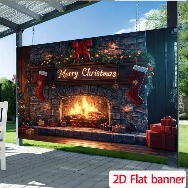 Weihnachtlicher Kaminhintergrund in Steinoptik mit leuchtendem Kamineffekt, mehrfarbig, rechteckig - Bild 1