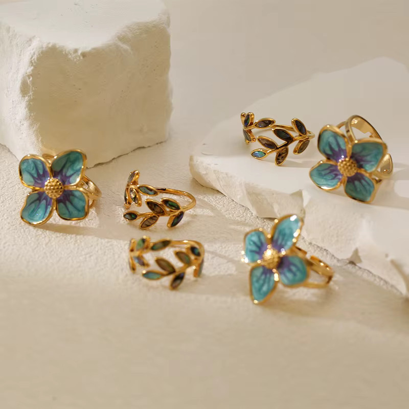 GANEMLY Ring, Edelstahl, Blume Blatt, Gold, Damen - Bild 2
