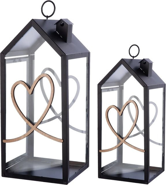 Gilde 2er Set Laternen Heart Schwarz aus Metall und Glas, Höhe: 32 cm, Breite: 14 cm - Bild 1