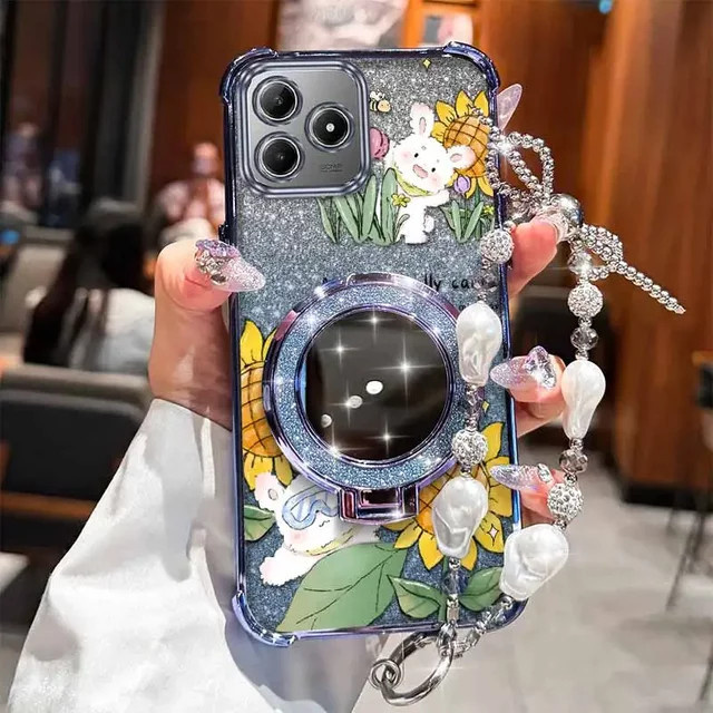 Handyhülle mit Lanyard und Glückliches Kaninchen Motiv für Realme C63 C65 C61 C75 C71 C67 C55 C53 C51 C51S in Silber und Multicolour - Bild 1