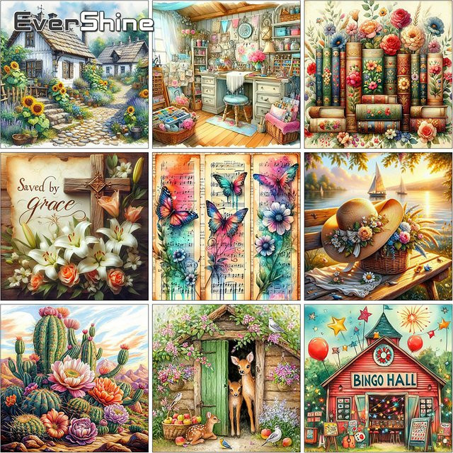 EverShine House Diamant-Stickerei Landschaft mit Hirsch und Blumenbild, Multicolour, quadratisch, B/T: 20 x 20 cm - Bild 1