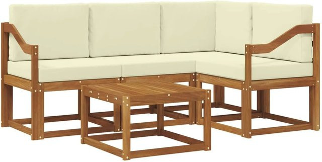 vidaXL Outdoor-Sofagarnitur in L-Form aus Akazienholz mit Kissen und Couchtisch, Beige und Weiß - Bild 1