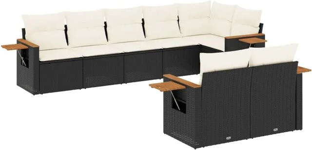 vidaXL 8-teilige Garten-Sofagarnitur in L-Form aus Poly-Rattan und Akazienholz mit Kissen in Schwarz und Cremeweiß - Bild 1