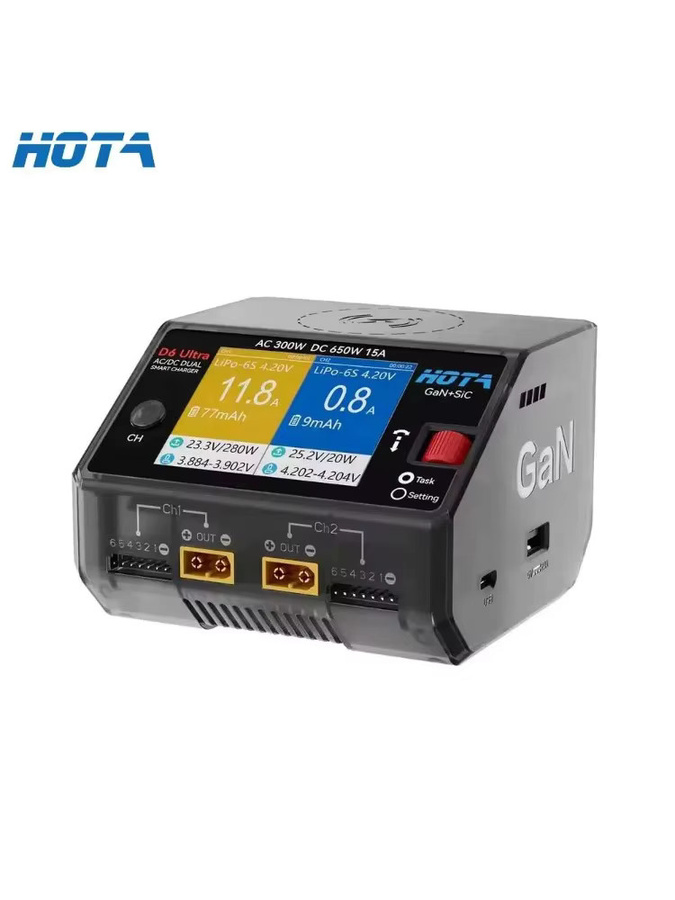 HOTA D6 Ultra AC Zweikanal-Ladegerät mit 300W GaN+SiC und 650W DC für 1-6S Lipo LiHV NiZn Nicd NiMH Akkus in Schwarz mit XT60 Anschluss - Bild 5