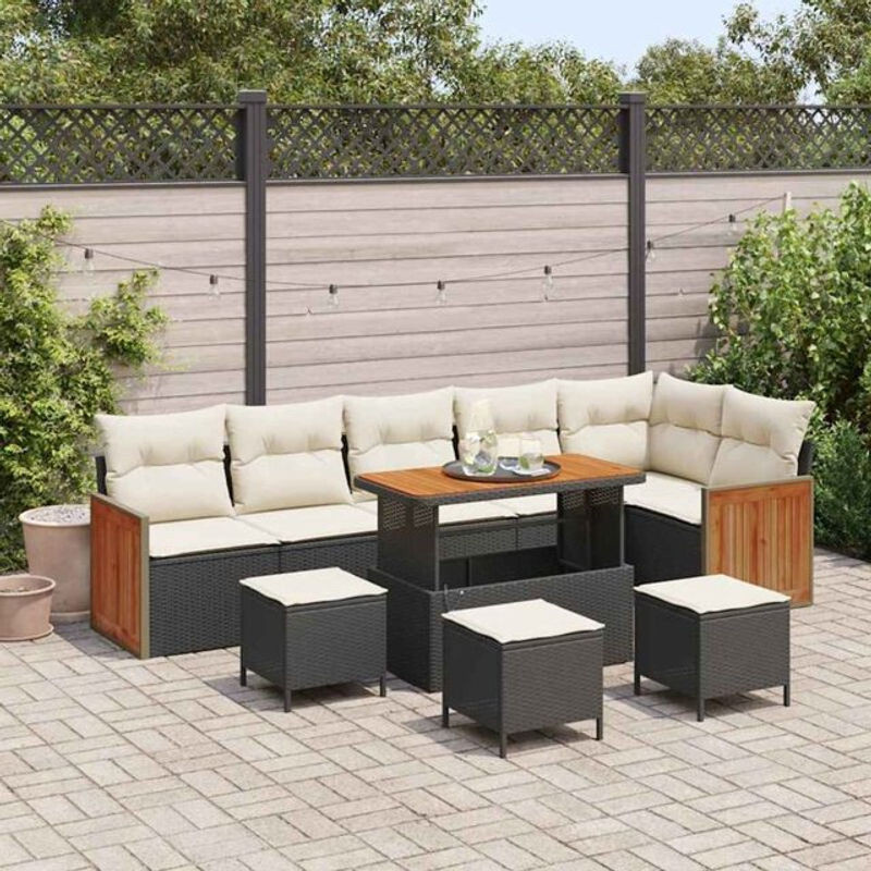 Vidaxl Garten-Sofa-Set aus Polyrattan und Akazie in Schwarz und Creme, 9-teiliges Loungemöbel-Set, B/T/H: 110 x 55 x 71 cm - Bild 1
