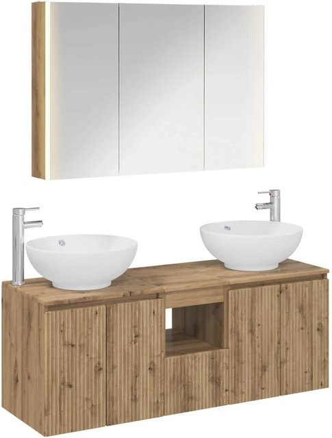 vidaXL Badezimmerschrank-Set 4-teilig in Artisan-Eiche, modern und wandmontiert, Braun, mit LED-Beleuchtung und Spiegelschrank - Bild 1