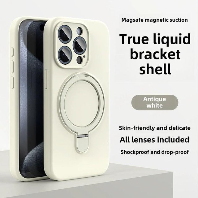 OLPAY Flüssigsilikon Handyhülle mit magnetischem Ringhalter für MagSafe kompatibel mit iPhone 16 15 14 13 12 Pro Max Plus, Farbe: Beige - Bild 1