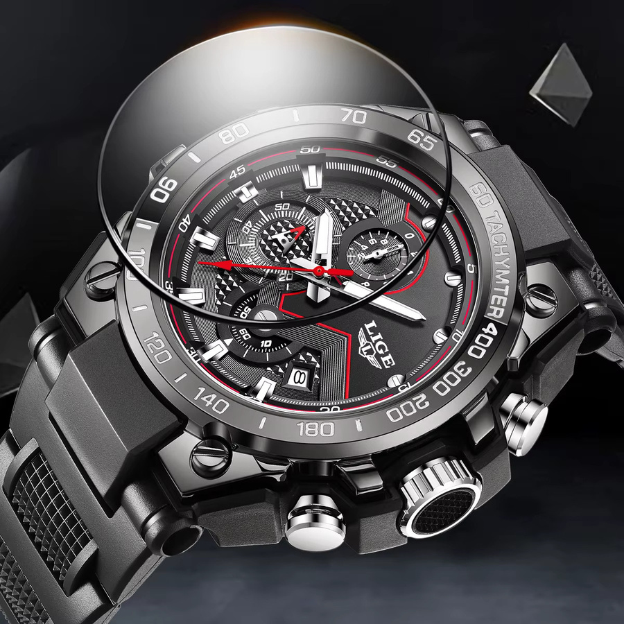 LIGE Armbanduhr Quarz, Datum, Schwarz, Orange, Herren - Bild 5