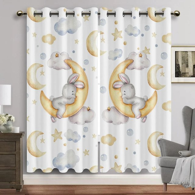 Yiran Furniture Vorhang mit Cartoon Tier Motiven in Aquarell-Optik, Hase und Bär mit Mond-Print, halbtransparent, Mehrfarbig, Breite: 135 cm, Höhe: 245 cm - Bild 1