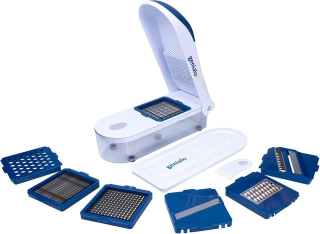 Genialo Gemüseschneider Mandoline Set, 9-teilig, Weiß-Blau mit Edelstahlklingen und Behälter - Bild 1