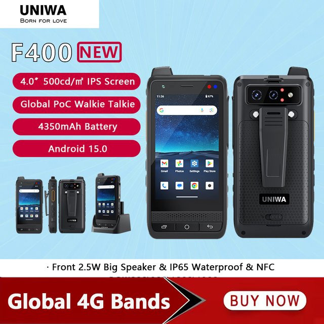 UNIWA F400 Zello PoC Walkie Talkie Robustes Android 15 PDA mit 4G LTE, 4 Zoll Display, 4 GB RAM + 64 GB Speicher, NFC und SOS-Taste in Schwarz - Bild 1