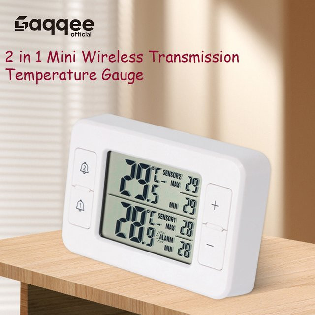Gaqqee 2-in-1 Mini Kabelloses Übertragungsthermometer für Innen und Außen, Elektronisches LCD-Thermometer mit Alarmfunktion für Zuhause und Gefrierschrank, Weiß - Bild 1