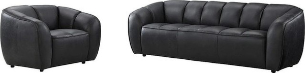 Couchgarnitur Pradoni aus Rindsleder mit 3-Sitzer-Sofa und Sessel in Schwarz mit Steppeffekt
