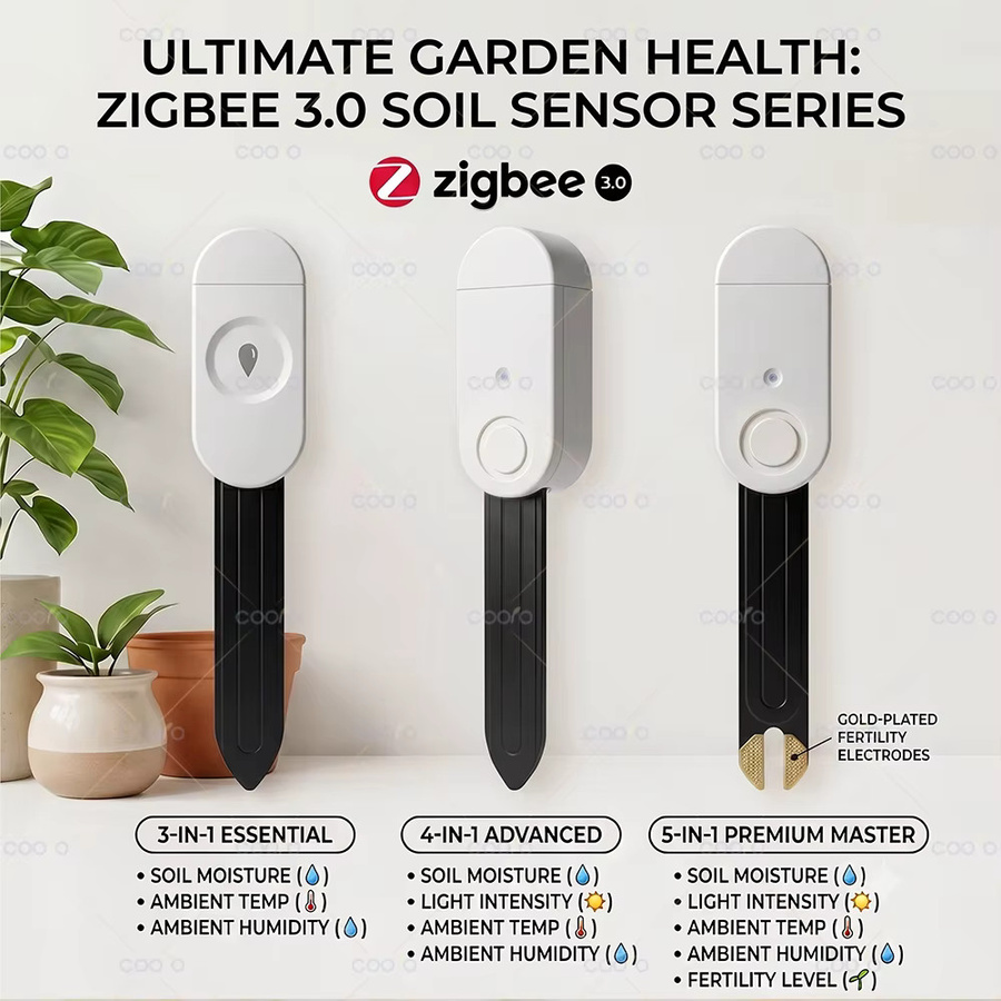 Coolo Zigbee Bodenfeuchtesensor für Tuya und Smart Life – 5-in-1 Detektor für Temperatur, Feuchtigkeit, Licht und Bodenfeuchtigkeit in Weiß - Bild 2