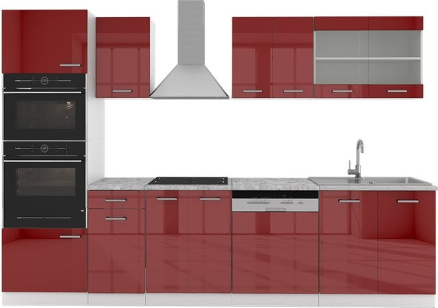 Vicco R-Line Küchenzeile in Bordeaux Rot Hochglanz und Weiß mit Marmor-Optik, Breite: 300 cm - Bild 1