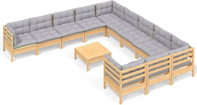 vidaXL 12-tlg. Garten-Lounge-Set aus massivem Kiefernholz mit grauen Polsterkissen - Bild 1
