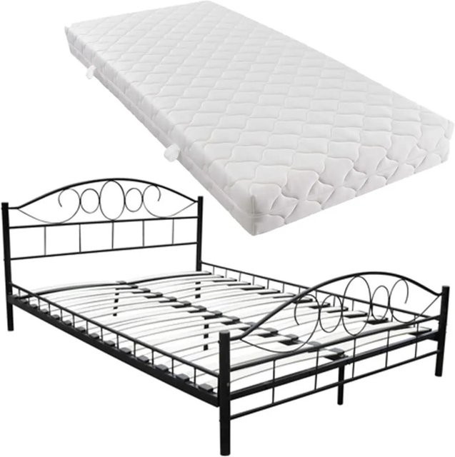 vidaXL Bett mit Matratze aus Metall und Pappelholz in Schwarz, B/T/H: 180 x 200 x 90 cm - Bild 1