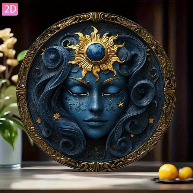 HELLOYOUNG Sonnengöttin Wandkunst aus Metall, Retro Aluminium Schild in Blau, Rundes Vintage Dekor für Garten, Home Bar oder Café - Bild 1