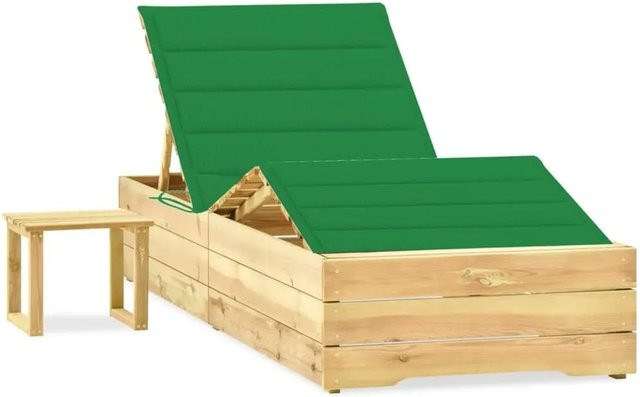 Furnicato Garten-Sonnenliege aus imprägniertem Kiefernholz mit Tisch, Auflage und verstellbarer Kopfstütze, Farbe: Grün, B/T/H: 198 x 90 x 30-75 cm - Bild 1