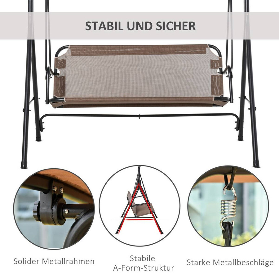 Outsunny Hollywoodschaukel 2-Sitzer in Braun mit verstellbarem UV-beständigem Vordach aus Textilene und Polyester, B/H/L: 110 x 155 x 200 cm - Bild 2