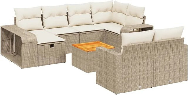 vidaXL 11-tlg. Garten-Sofagarnitur aus Poly-Rattan und Akazienholz in Beige mit UV-beständigen Kissen - Bild 1