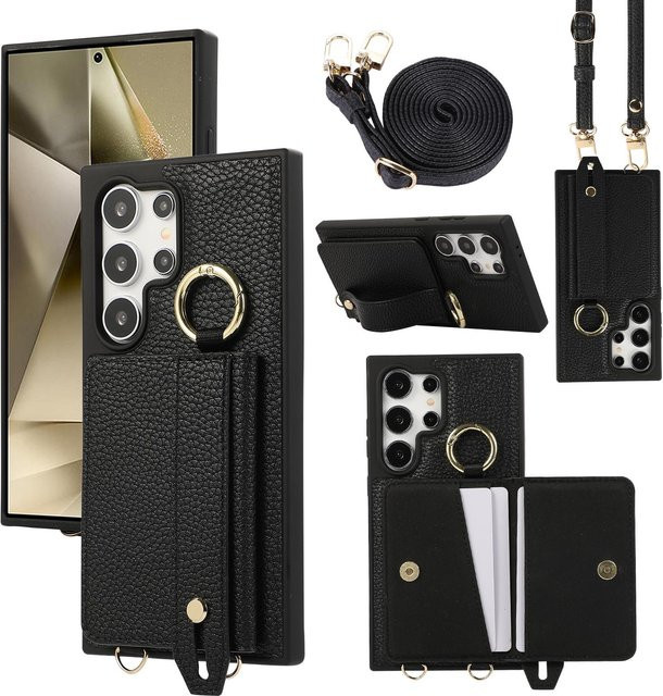 Crossbody-Geldbörse und Handyhülle aus Leder für Samsung Galaxy S25 Ultra, S24 FE, S23, S22 Plus und S23 Ultra in Schwarz mit Kartenhalter, Umhängeband und Handschlaufe - Bild 1