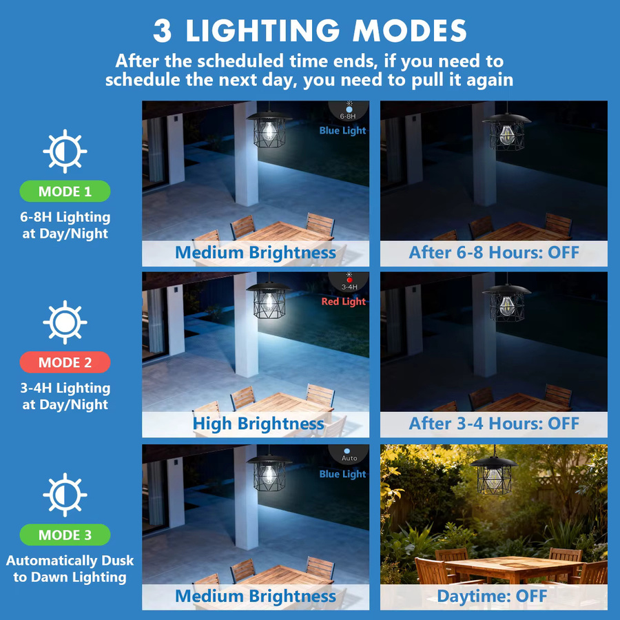 AMARYLLIS Solar-Pendelleuchte aus Metall in Schwarz, Retro-Design mit Zugschnur, IP65 wasserdicht, warmweißes Filament-Licht für Garten, Terrasse und Außenbereich - Bild 5