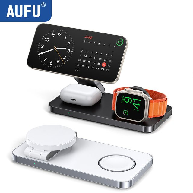 AUFU 3-in-1 Faltbare Magnetische Kabellose Ladestation für MagSafe, iPhone, Apple Watch und AirPods in Schwarz - Bild 1