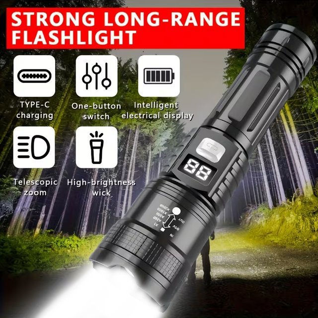KDULIT Superhelle LED Taschenlampe Schwarz mit USB Schnellaufladung und wasserdichtem Aluminium-Gehäuse für Outdoor und Camping - Bild 1