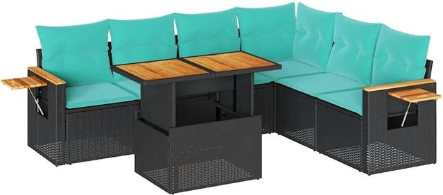 vidaXL 7-teilige Garten-Sofagarnitur aus Polyrattan in Schwarz mit Kissen und Couchtisch - Bild 1