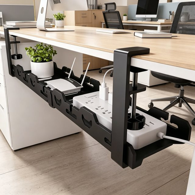 Teleskopisches Metall-Aufbewahrungsregal in Schwarz für das Kabelmanagement unter dem Schreibtisch zur Organisation im Home Office - Bild 1