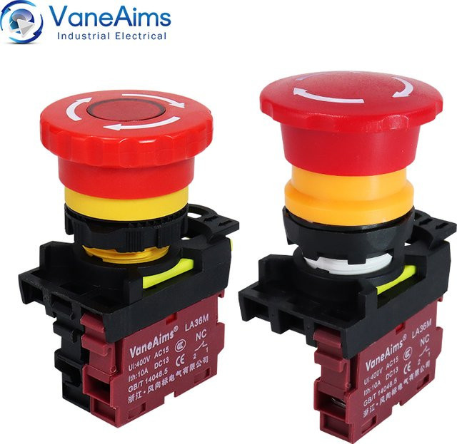 VaneAims LA36M Not-Aus-Schalter mit rotem Pilzkopf, abschließbarer Druckknopf, 22 mm, 10 A, 12 V / 24 V / 220 V - Bild 1