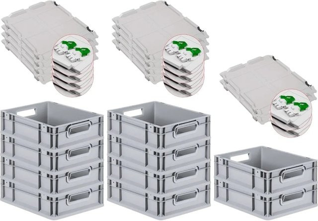 PROREGAL SuperSparSet 10x Eurobox NextGen Grip in Grau mit Scharnierdeckel und grünen Schiebeschnappverschlüssen, H: 12 cm, B: 30 cm, T: 40 cm, 11 Liter - Bild 1